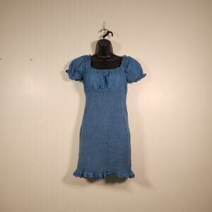 DEREK HEART Chambray Bodycon Mini Dress Womens S Shirred Ruffles Y2K Babydoll